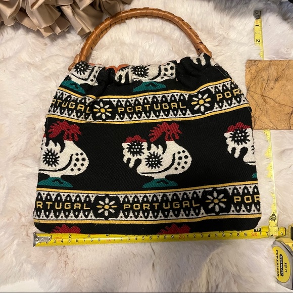 Rooster Rug Fabric Tote Bamboo Handles - Picture 2 of 4